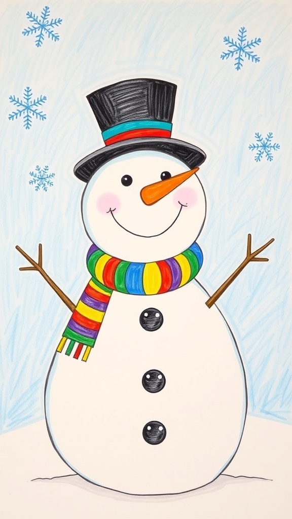 A festive snowman drawing with a carrot nose and scarf in a snowy scene.